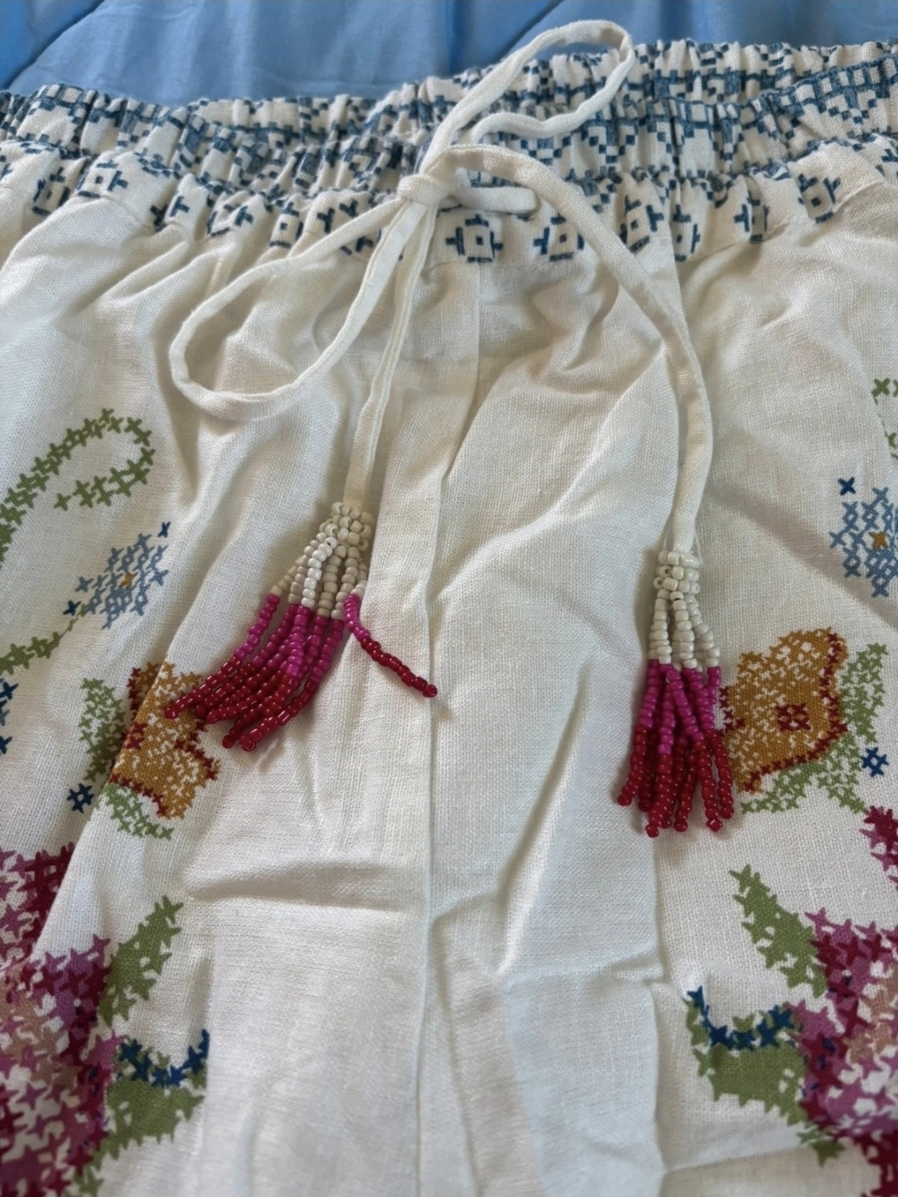 Rachel Zoe Cream Wide-Leg Embroidered Linen Pants - Picture 3 of 9